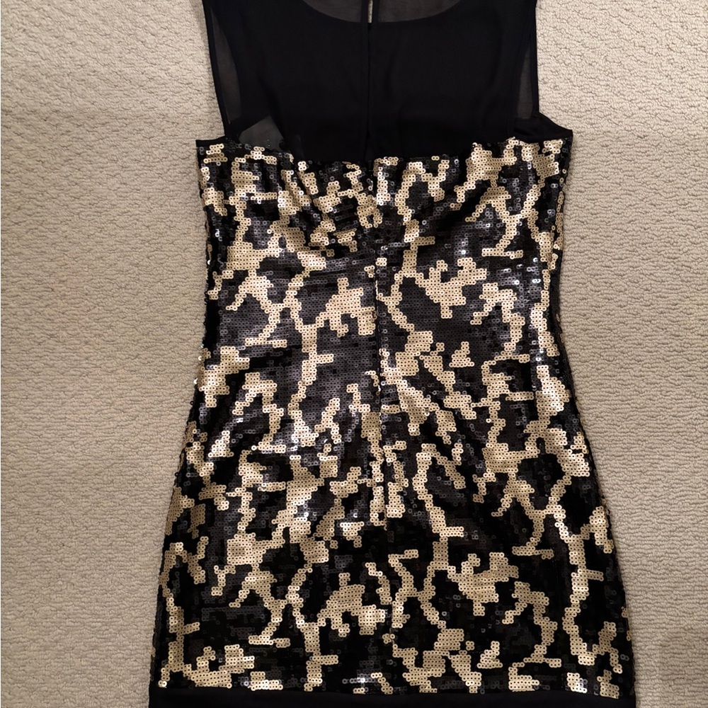 Max & Cleo Strapless Black and Gold Sequin Dress